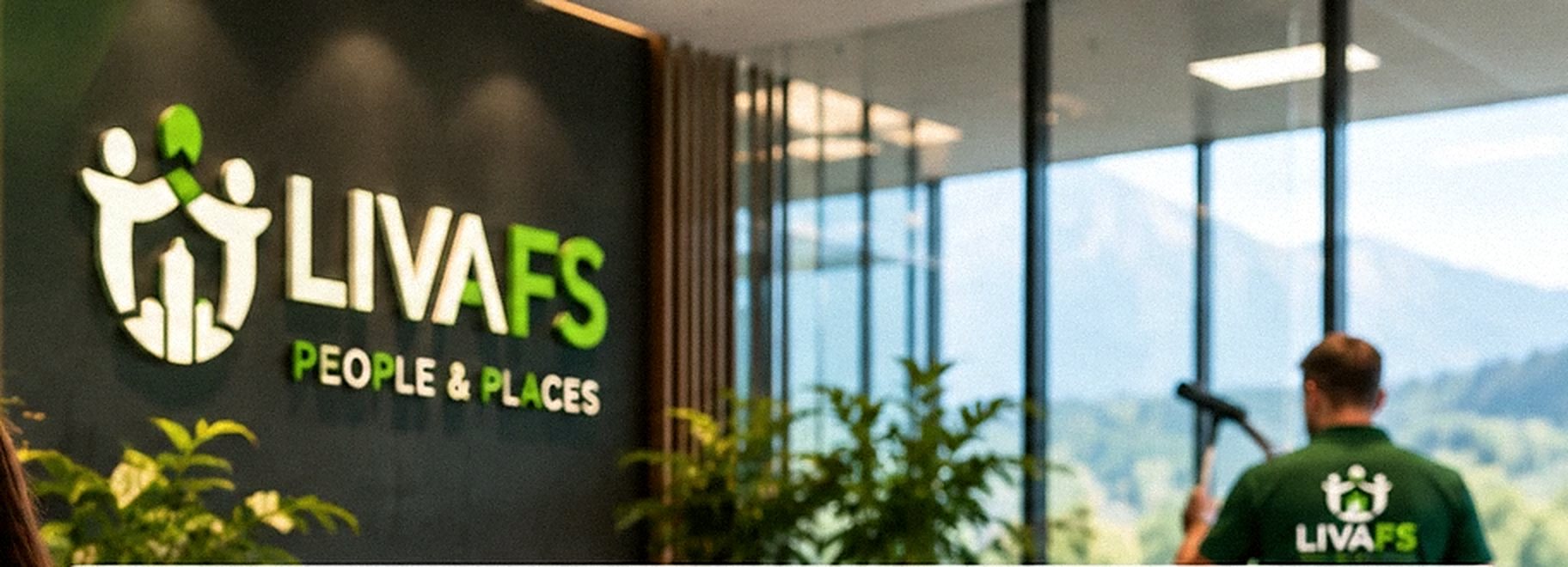 Empfangsbereich mit LIVAFS-Logo an der Wand und Blick durch die Glasfront auf die Berge